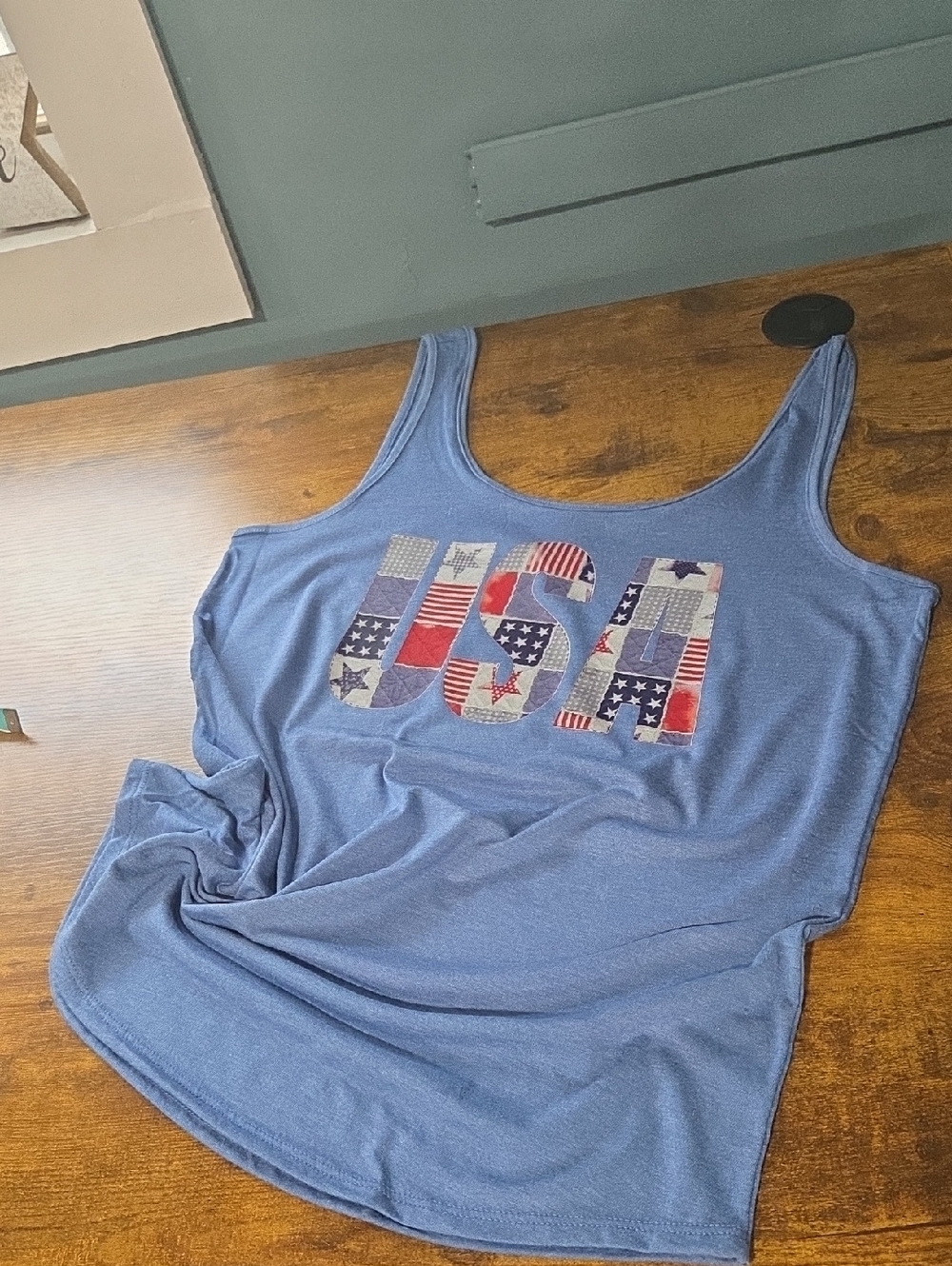 Blue Tank Top with USA Patch Work Graphic